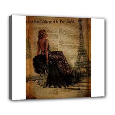 Elegant Evening Gown Lady Vintage Newspaper Print Pin Up Girl Paris Eiffel Tower Deluxe Canvas 24  X 20  (framed) by chicelegantboutique