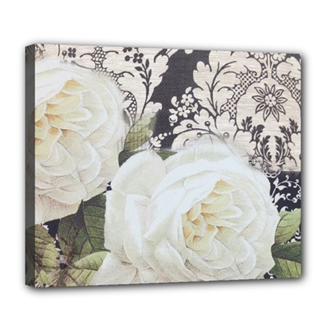 Elegant White Rose Vintage Damask Deluxe Canvas 24  X 20  (framed) by chicelegantboutique