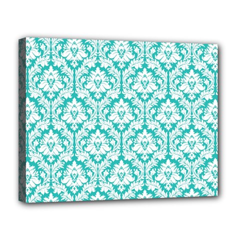 White On Turquoise Damask Canvas 14  X 11  (framed) by Zandiepants