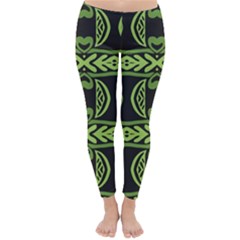 Green Shapes On A Black Background Pattern Winter Leggings  by LalyLauraFLM