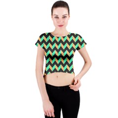 Neon And Black Modern Retro Chevron Patchwork Pattern Crew Neck Crop Top by GardenOfOphir