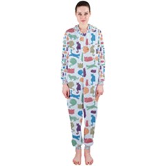 Blue Colorful Cats Silhouettes Pattern Hooded Jumpsuit (ladies)  by Contest580383