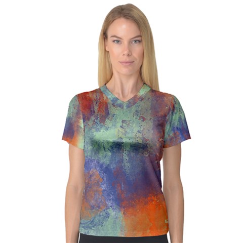 Abstract In Green, Orange, And Blue Women s V-neck Sport Mesh Tee by digitaldivadesigns