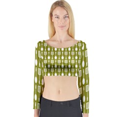 Olive Green Spatula Spoon Pattern Long Sleeve Crop Top by GardenOfOphir