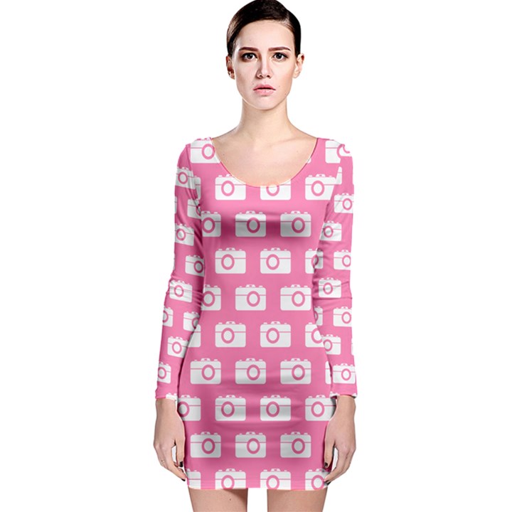 Pink Modern Chic Vector Camera Illustration Pattern Long Sleeve Bodycon Dresses