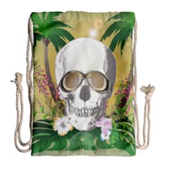 Funny Skull With Sunglasses And Palm Drawstring Bag (large) by FantasyWorld7