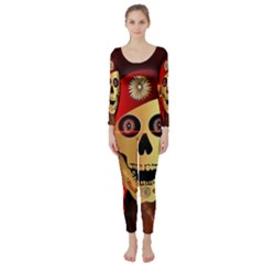 Funny, Happy Skull Long Sleeve Catsuit by FantasyWorld7