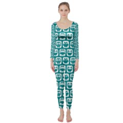 Teal And White Owl Pattern Long Sleeve Catsuit by GardenOfOphir