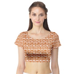 Orange And White Owl Pattern Short Sleeve Crop Top by GardenOfOphir