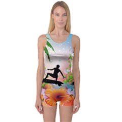 Tropical Design With Surfboarder Women s Boyleg One Piece Swimsuits by FantasyWorld7