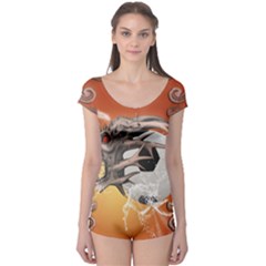 Soccer With Skull And Fire And Water Splash Short Sleeve Leotard by FantasyWorld7