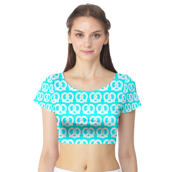 Aqua Pretzel Illustrations Pattern Short Sleeve Crop Top