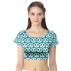 Teal Pretzel Illustrations Pattern Short Sleeve Crop Top by GardenOfOphir