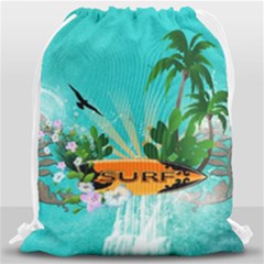 Surfboard With Palm And Flowers Drawstring Bag (large) by FantasyWorld7