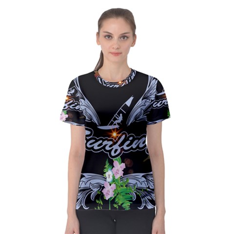 Surfboarder With Damask In Blue On Black Bakcground Women s Sport Mesh Tees by FantasyWorld7