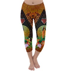 Surfing, Surfboard With Flowers And Floral Elements Capri Winter Leggings  by FantasyWorld7