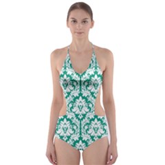 Emerald Green Damask Pattern Cut-out One Piece Swimsuit by Zandiepants