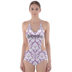 Lilac Damask Pattern Cut-out One Piece Swimsuit by Zandiepants