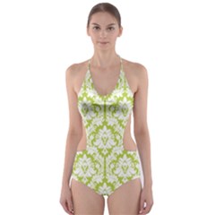 Spring Green Damask Pattern Cut-out One Piece Swimsuit by Zandiepants