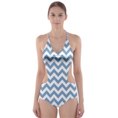 Blue And White Zigzag Cut-out One Piece Swimsuit by Zandiepants