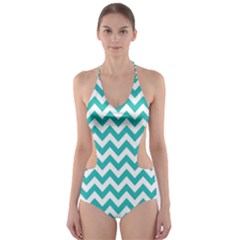 Turquoise And White Zigzag Pattern Cut-out One Piece Swimsuit by Zandiepants