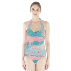 Two Pink Flamingos Pop Art Women s Halter One Piece Swimsuit by WaltCurleeArt