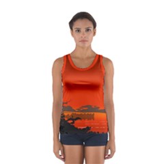 Tropical Birds Orange Sunset Landscape Tops by WaltCurleeArt