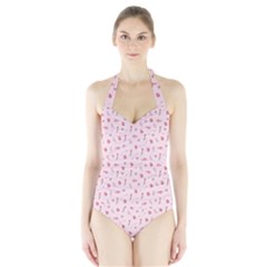 Cute Pink Birds And Flowers Pattern Women s Halter One Piece Swimsuit by TastefulDesigns