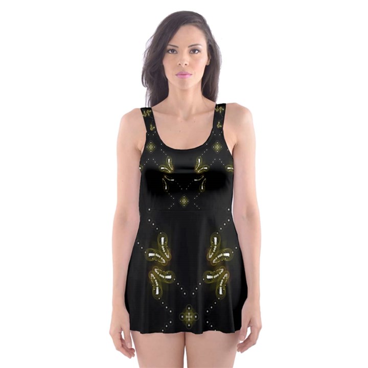 Festive Black Golden Lights  Skater Dress Swimsuit