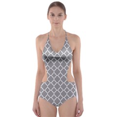 Grey Quatrefoil Pattern Cut-out One Piece Swimsuit by Zandiepants