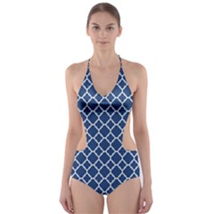 Navy Blue Quatrefoil Pattern Cut-out One Piece Swimsuit by Zandiepants