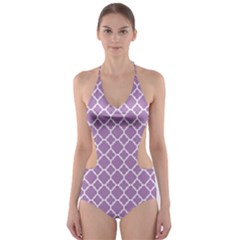 Purple Lilac White Quatrefoil Classic Pattern Cut-out One Piece Swimsuit by Zandiepants