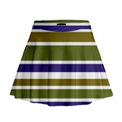 Olive Green Blue Stripes Pattern Mini Flare Skirt by BrightVibesDesign