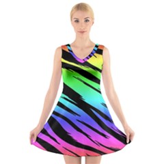 Rainbow Tiger V-neck Sleeveless Skater Dress by ArtistRoseanneJones