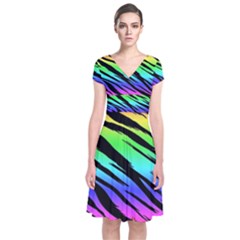 Rainbow Tiger Short Sleeve Front Wrap Dress by ArtistRoseanneJones