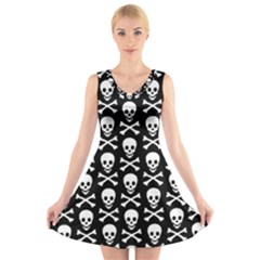 Skull And Crossbones Pattern V-neck Sleeveless Skater Dress by ArtistRoseanneJones