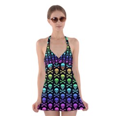 Rainbow Skull And Crossbones Pattern Halter Swimsuit Dress by ArtistRoseanneJones