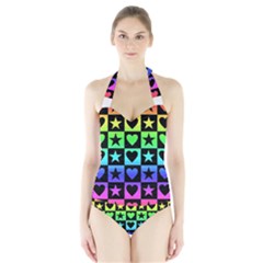 Rainbow Stars And Hearts Halter Swimsuit by ArtistRoseanneJones