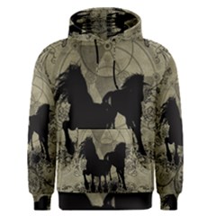 Wonderful Black Horses, With Floral Elements, Silhouette Men s Pullover Hoodie by FantasyWorld7