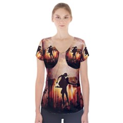 Dancing In The Night With Moon Nd Stars Short Sleeve Front Detail Top by FantasyWorld7