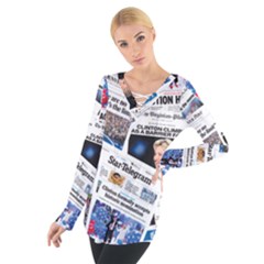 Hillary 2016 Historic Newspaper Collage Women s Tie Up Tee by blueamerica