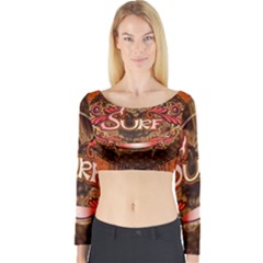 Surfing, Surfboard With Floral Elements  And Grunge In Red, Black Colors Long Sleeve Crop Top by FantasyWorld7