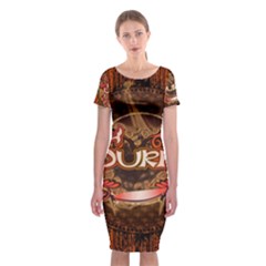 Surfing, Surfboard With Floral Elements  And Grunge In Red, Black Colors Classic Short Sleeve Midi Dress by FantasyWorld7