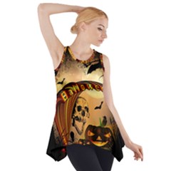 Halloween, Funny Pumpkin With Skull And Spider In The Night Side Drop Tank Tunic by FantasyWorld7