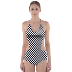 Sports Racing Chess Squares Black White Cut-out One Piece Swimsuit by EDDArt