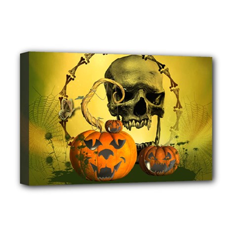 Halloween, Funny Pumpkins And Skull With Spider Deluxe Canvas 18  X 12   by FantasyWorld7