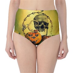 Halloween, Funny Pumpkins And Skull With Spider High-waist Bikini Bottoms by FantasyWorld7