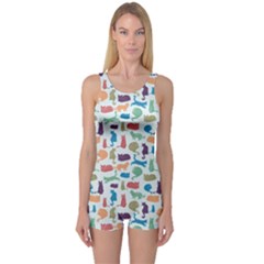 Blue Colorful Cats Silhouettes Pattern One Piece Boyleg Swimsuit by Contest580383