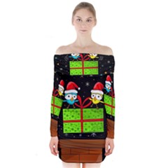 Cute Christmas Birds Long Sleeve Off Shoulder Dress by Valentinaart