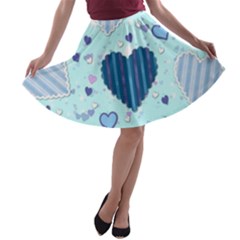 Light And Dark Blue Hearts A-line Skater Skirt by LovelyDesigns4U